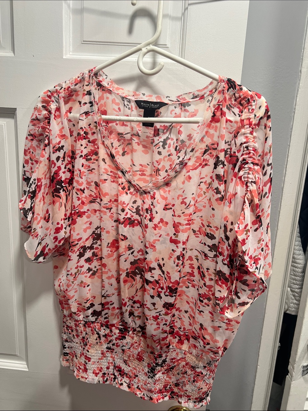 White House Black Market Pink and Black Floral Blouson Top